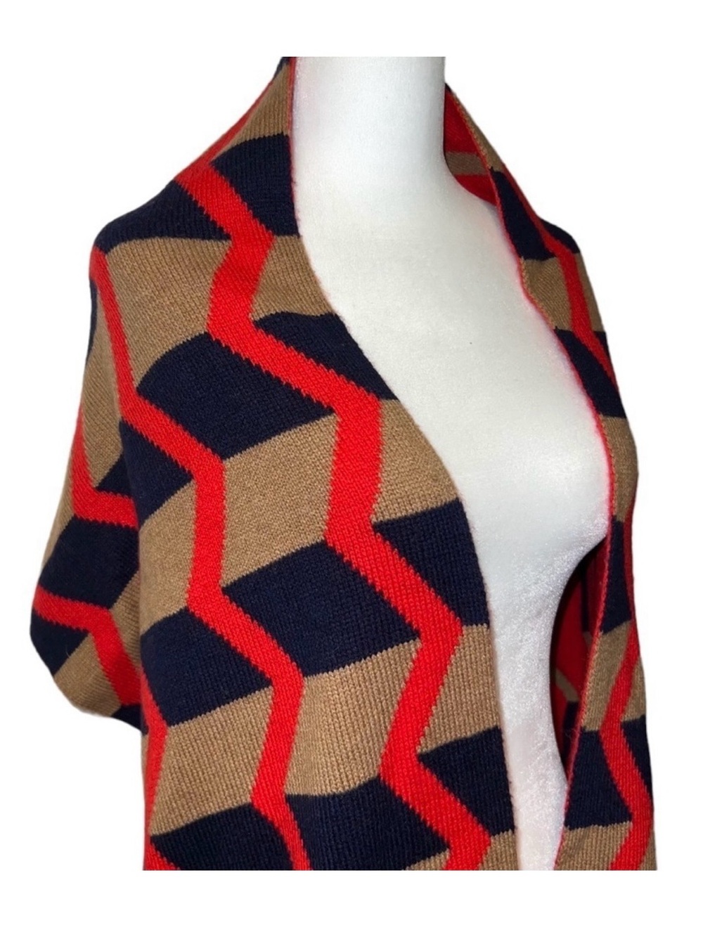 J. Crew Chevron and Stripe Red, Tan & Navy Geometric Knit Scarf - Picture 6 of 9